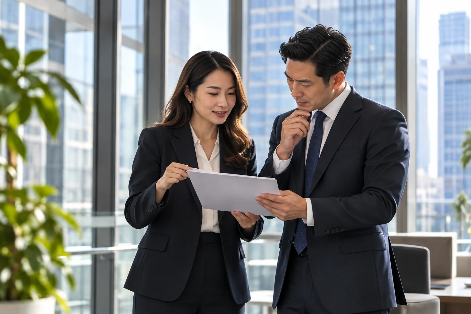 Illustrative Asian executives reviewing a document