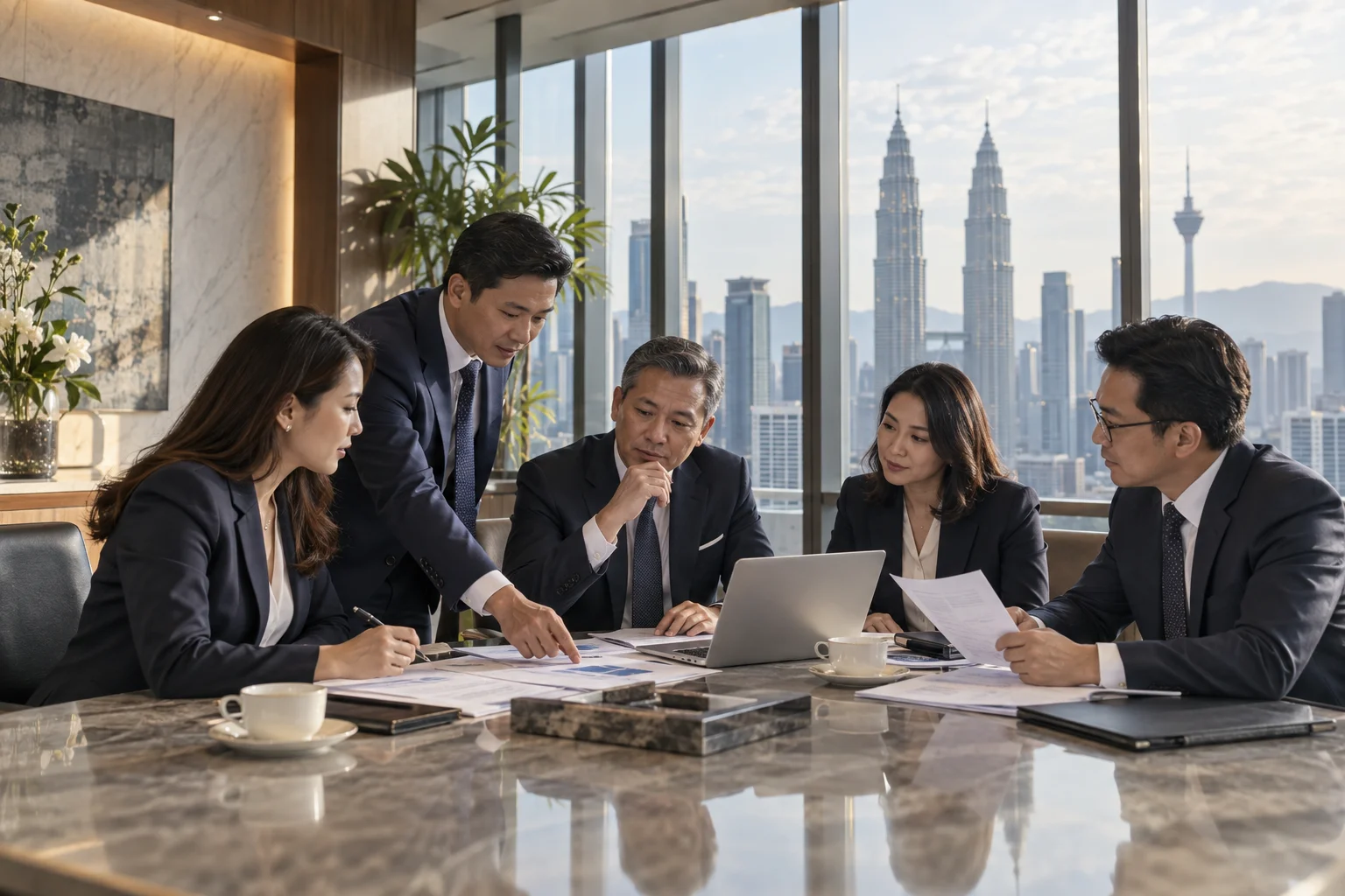 Illustrative scene of Asian professionals discussing business in Kuala Lumpur
