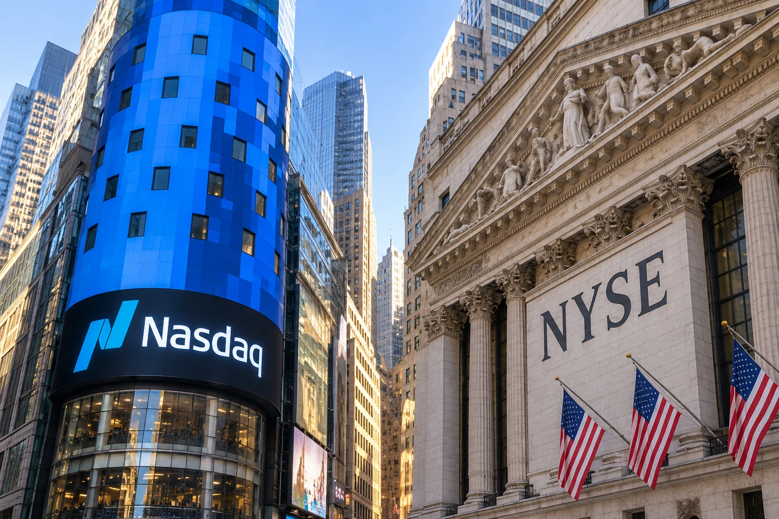 Illustrative Nasdaq and NYSE exchange buildings